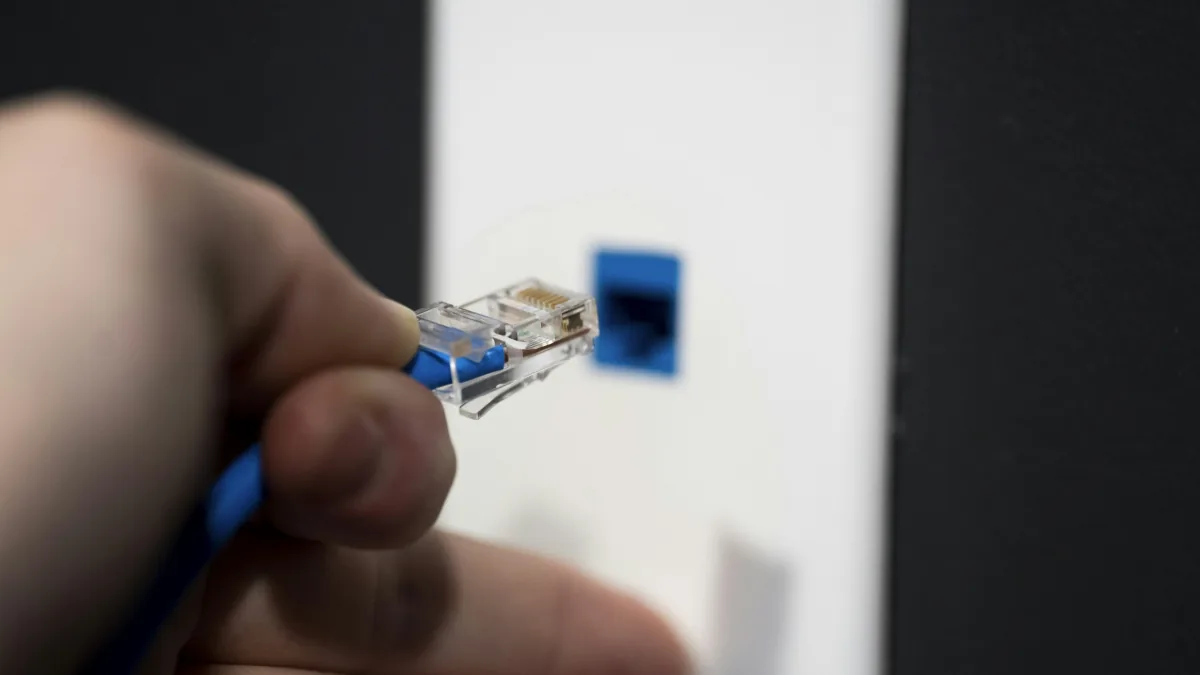 Blaues Netzwerkkabel vor einer Netzwerkdose – bei Ransomware das Kabel ziehen statt das Gerät auszuschalten