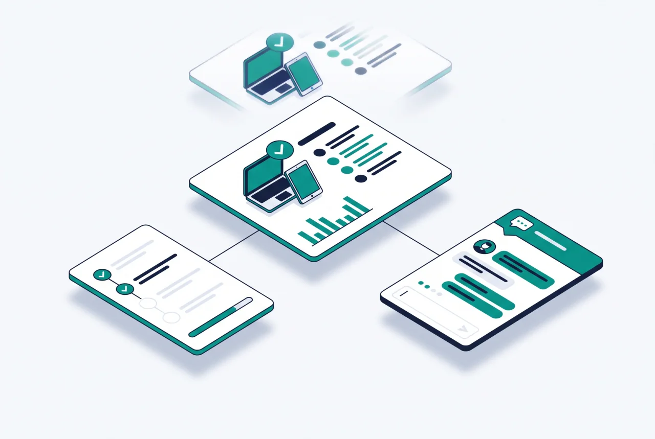 Illustration: kjello verbindet Dashboard, Onboarding und Support auf einer Plattform