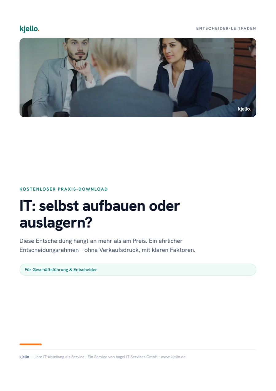 Titelseite des PDFs „Entscheider-Leitfaden: IT selbst aufbauen oder auslagern?“
