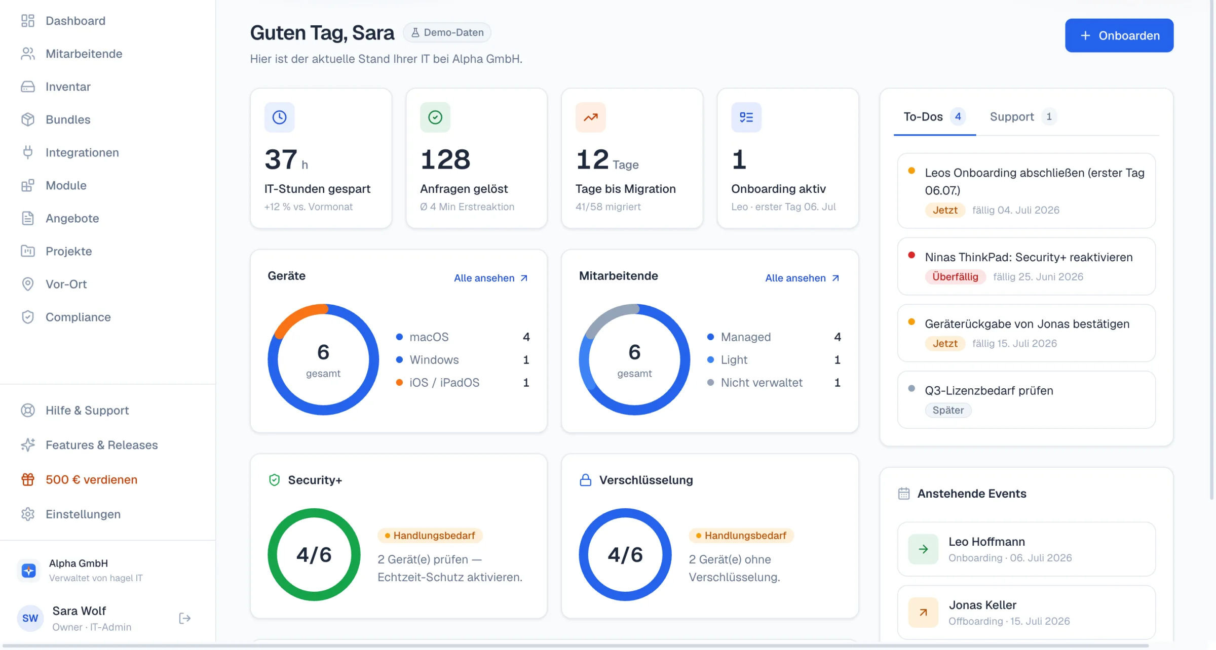 kjello Self-Service-Portal: Dashboard mit offenen Anliegen, Geräte-Inventar und Aufgaben