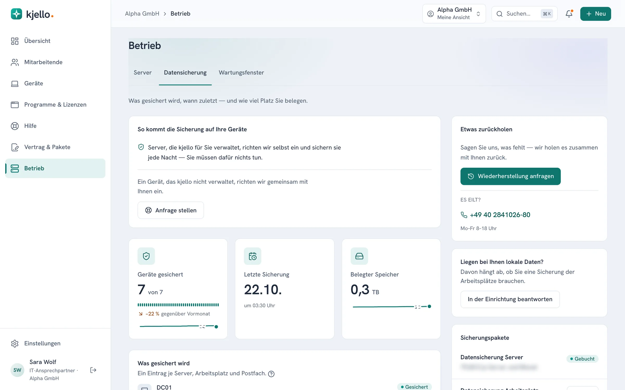 kjello-Portal, Betrieb: der Reiter Datensicherung mit letzter Sicherung und belegtem Speicher