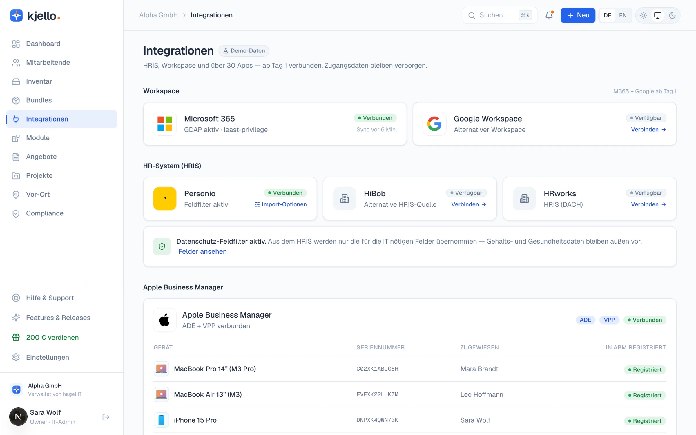 kjello-Portal: Integrationen mit Microsoft 365, Google Workspace, HR-Systemen wie Personio und Apple Business Manager