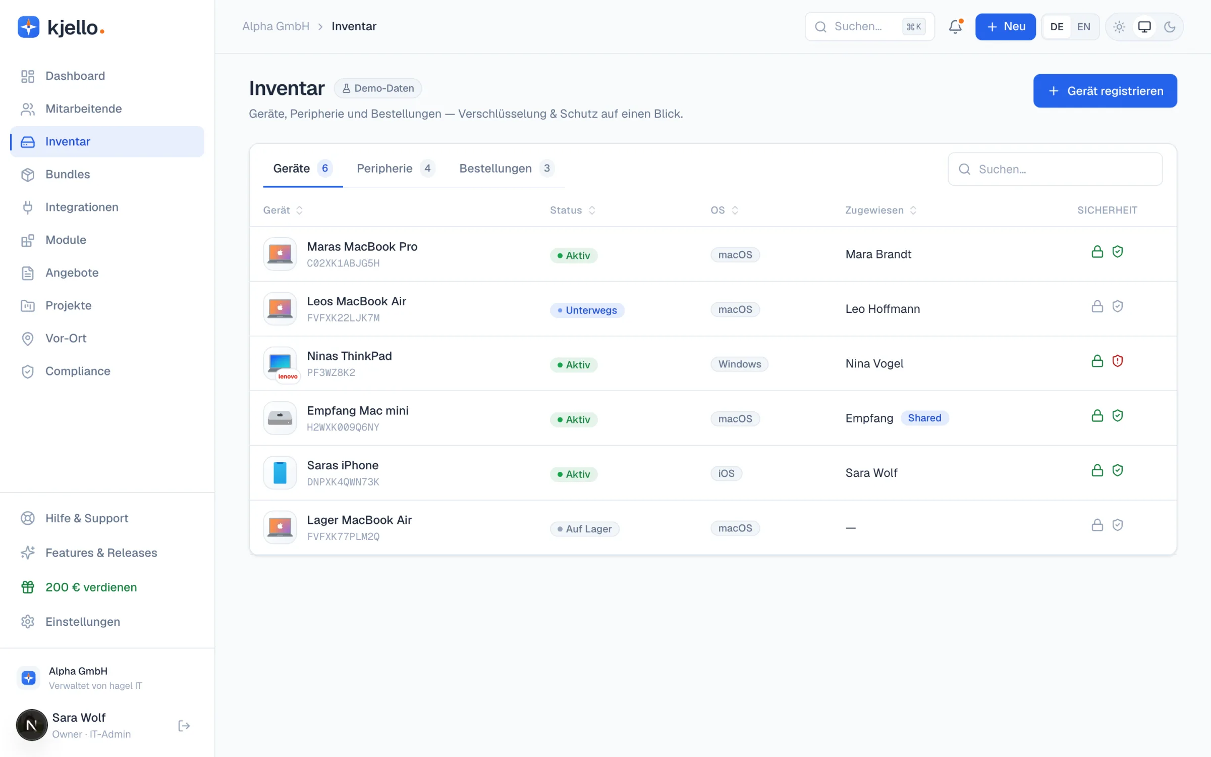 kjello-Portal: Inventar-Ansicht mit Geräten, Status, Betriebssystem, Zuweisung und Sicherheit auf einen Blick