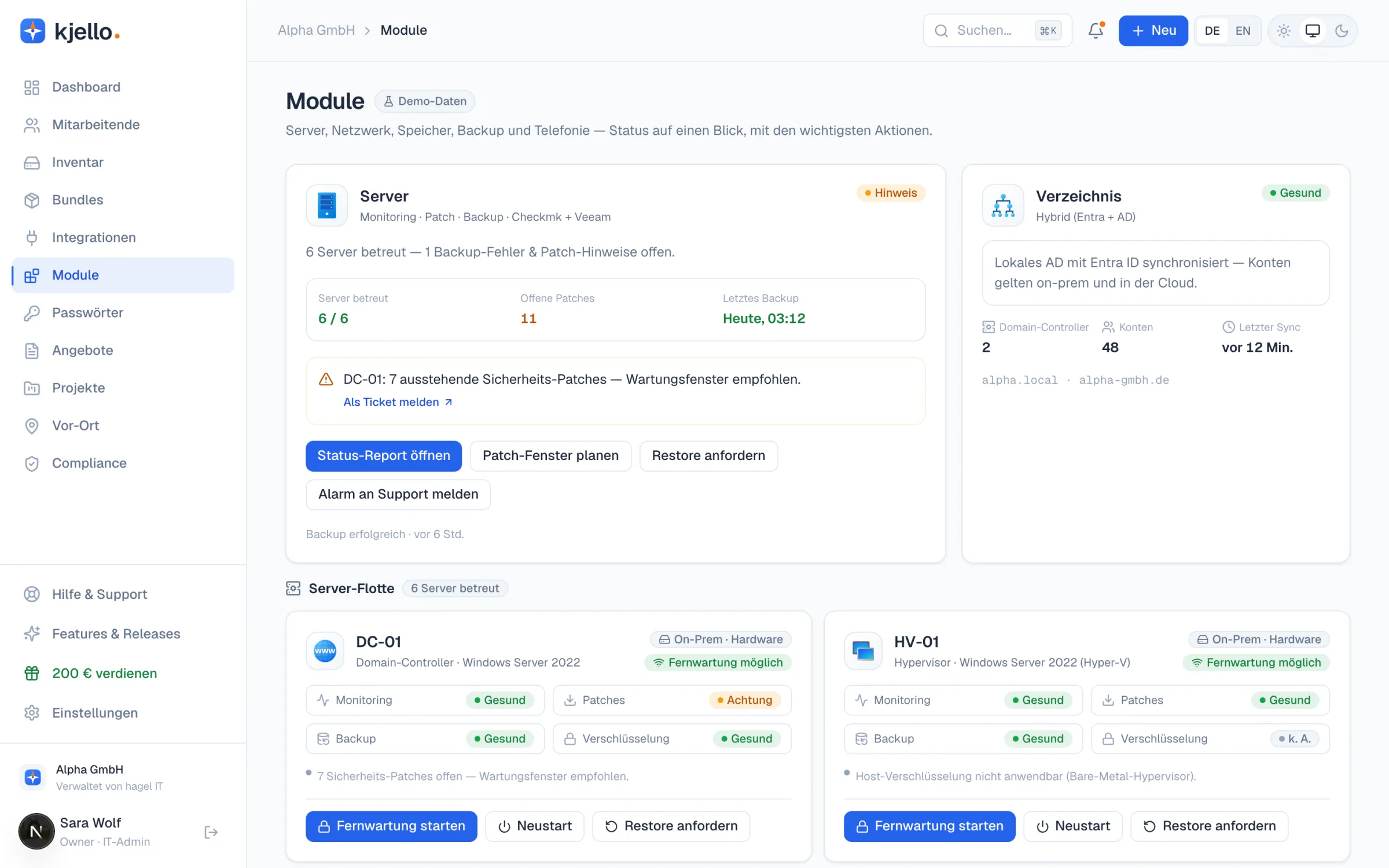 kjello-Portal: Module-Ansicht mit betreuten Servern, Monitoring, Patch-Status, Backups und der Server-Flotte