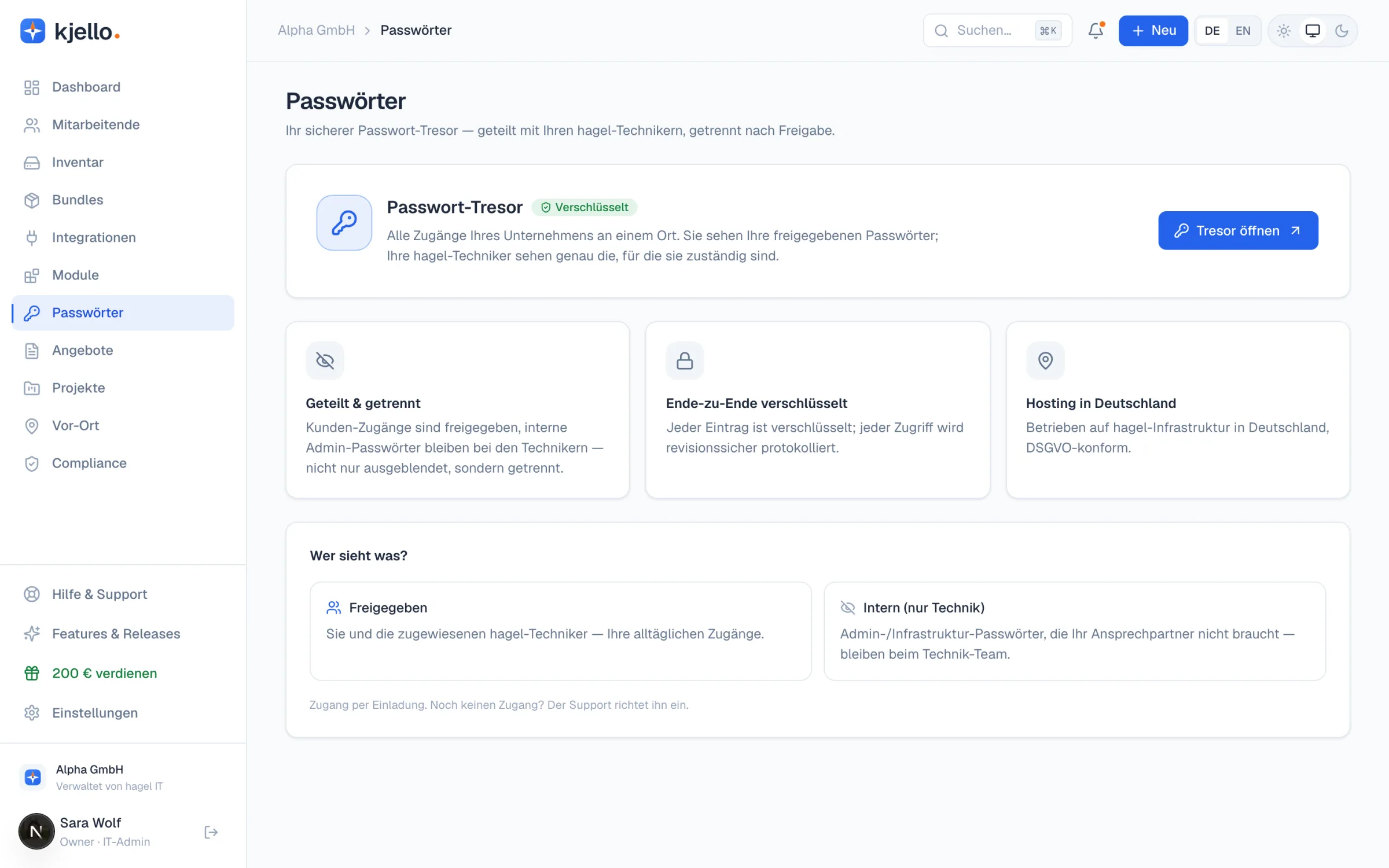 kjello-Portal: verschlüsselter Passwort-Tresor mit freigegebenen Zugängen, getrennt von internen Admin-Passwörtern, Hosting in Deutschland