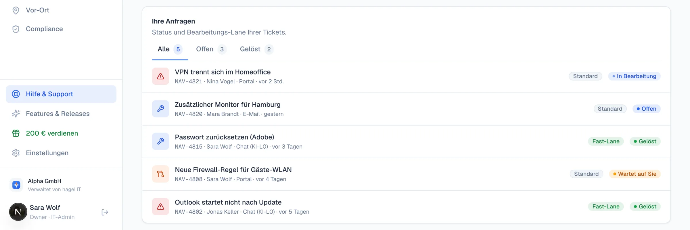 kjello-Portal: Liste der Support-Anfragen mit Status – offen, in Bearbeitung, gelöst – und wer gerade zuständig ist
