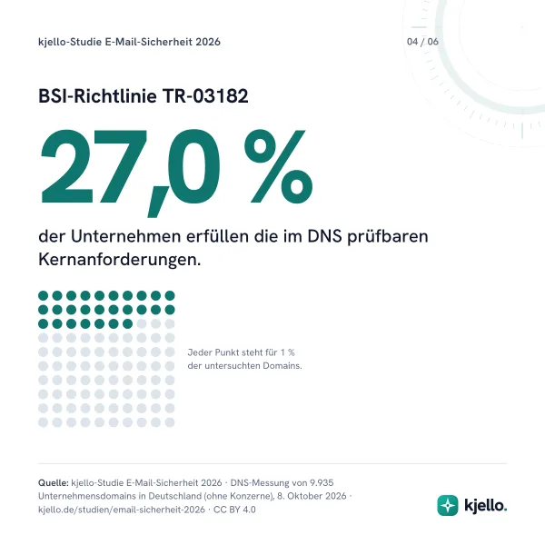 BSI-Richtlinie TR-03182: 27,0 % der Unternehmen erfüllen die im DNS prüfbaren Kernanforderungen.